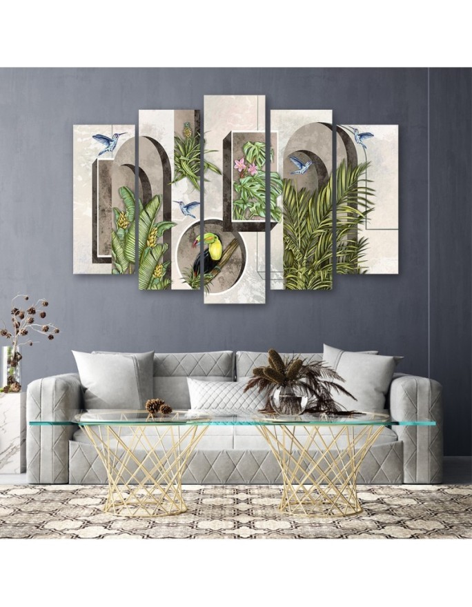 Canvas print for living room - Shapes in wall with plants and birds toucan hummingbird | FEEBY