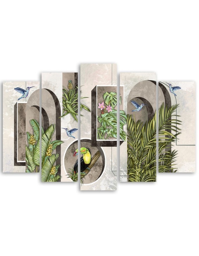 Canvas print for living room - Shapes in wall with plants and birds toucan hummingbird | FEEBY