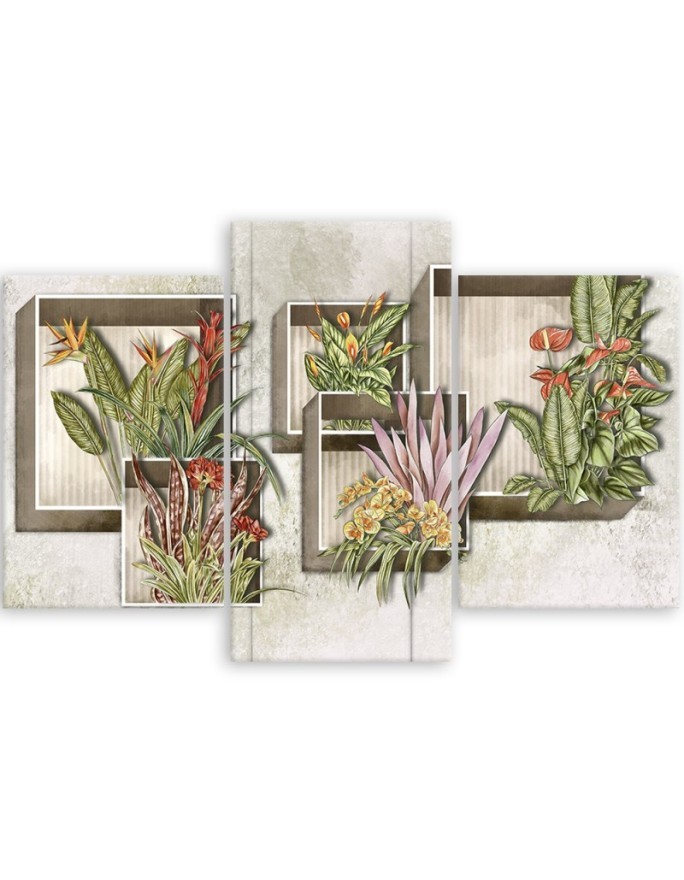 Plant motif print 3 parts - Square boxes shelves with flowers | FEEBY