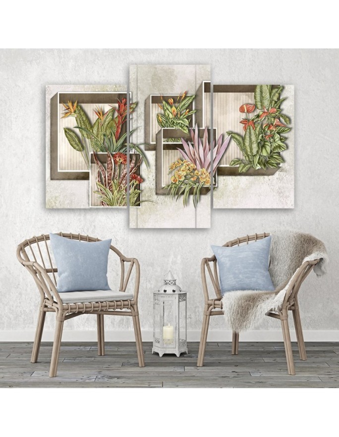 Plant motif print 3 parts - Square boxes shelves with flowers | FEEBY