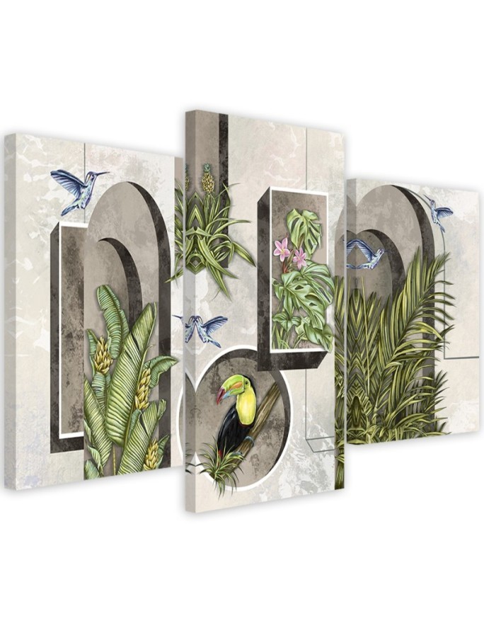 Triptych - Shapes in the wall with plants and birds toucan hummingbird | FEEBY