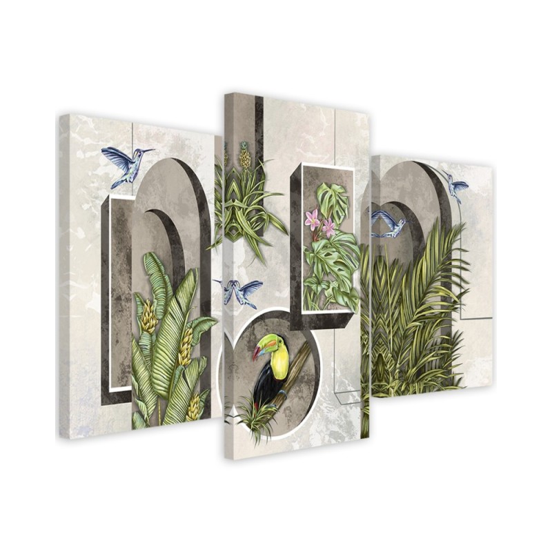 Triptych - Shapes in the wall with plants and birds toucan hummingbird | FEEBY