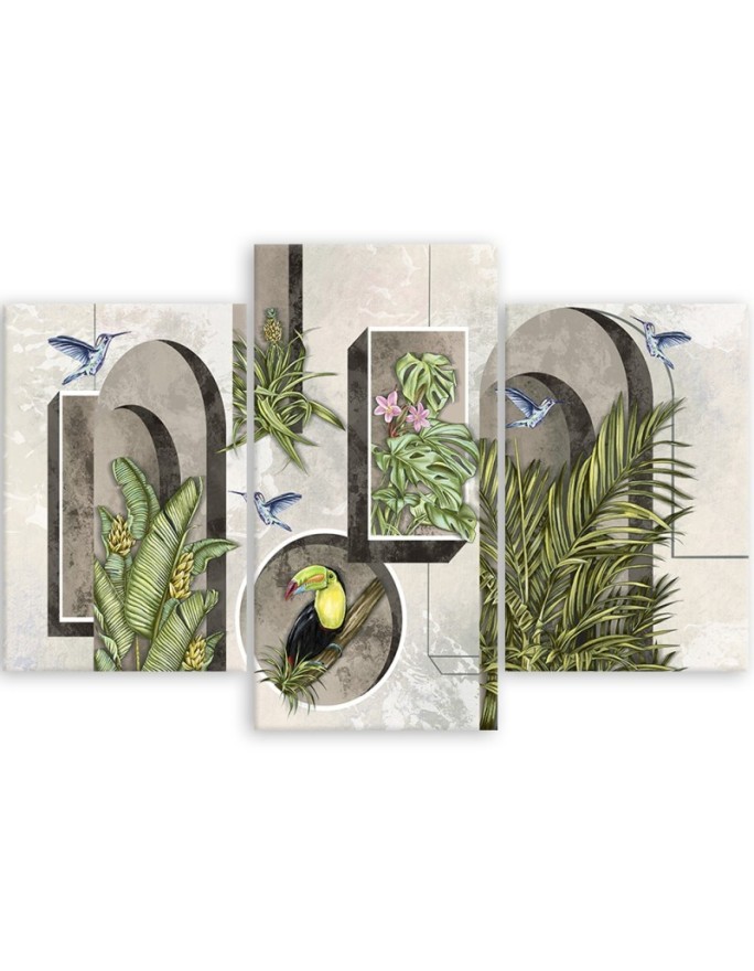 Triptych - Shapes in the wall with plants and birds toucan hummingbird | FEEBY