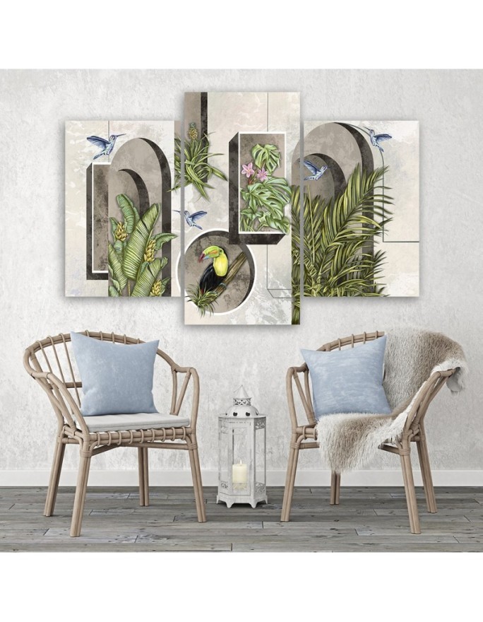 Triptych - Shapes in the wall with plants and birds toucan hummingbird | FEEBY