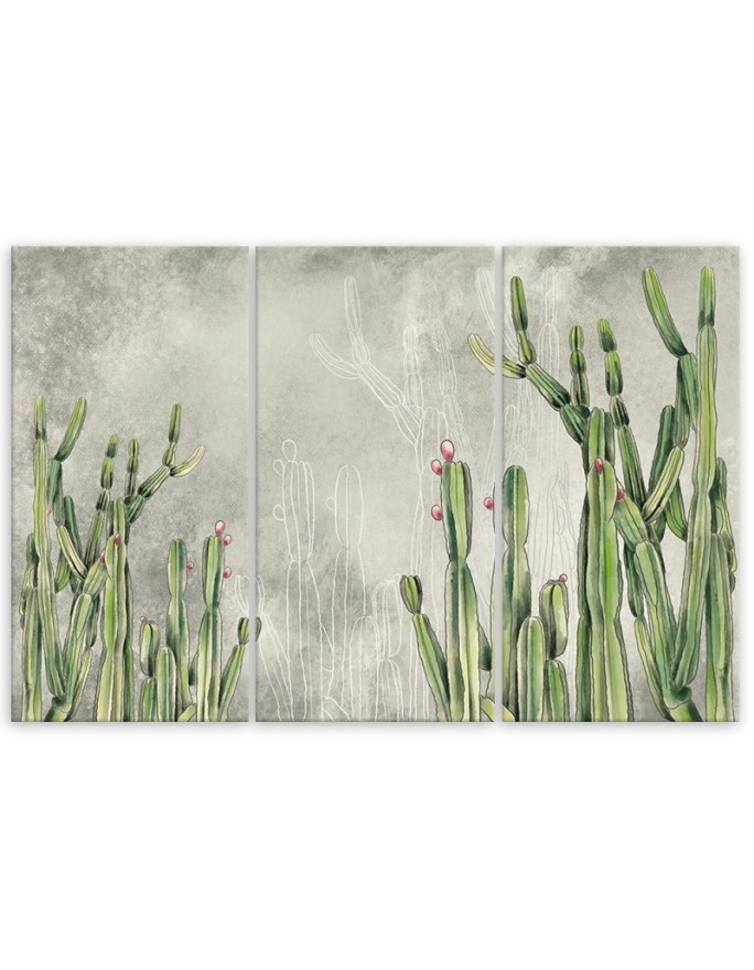 Three part painting for modern living room - Large desert cactus | FEEBY