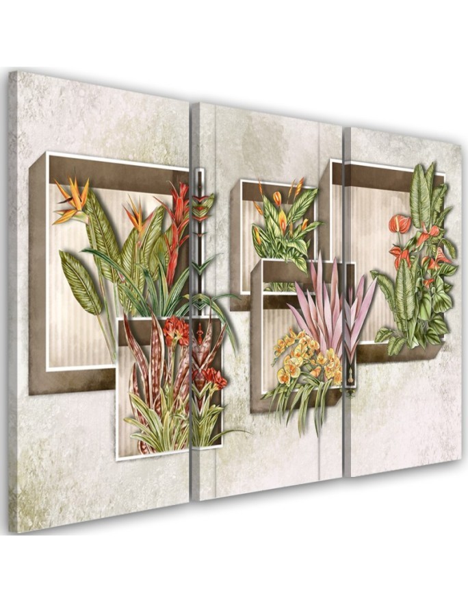For living room 3-part painting - Square boxes shelves with flowers | FEEBY