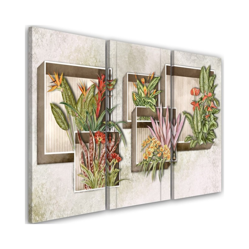 For living room 3-part painting - Square boxes shelves with flowers | FEEBY