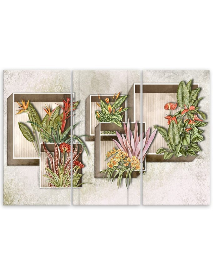 For living room 3-part painting - Square boxes shelves with flowers | FEEBY