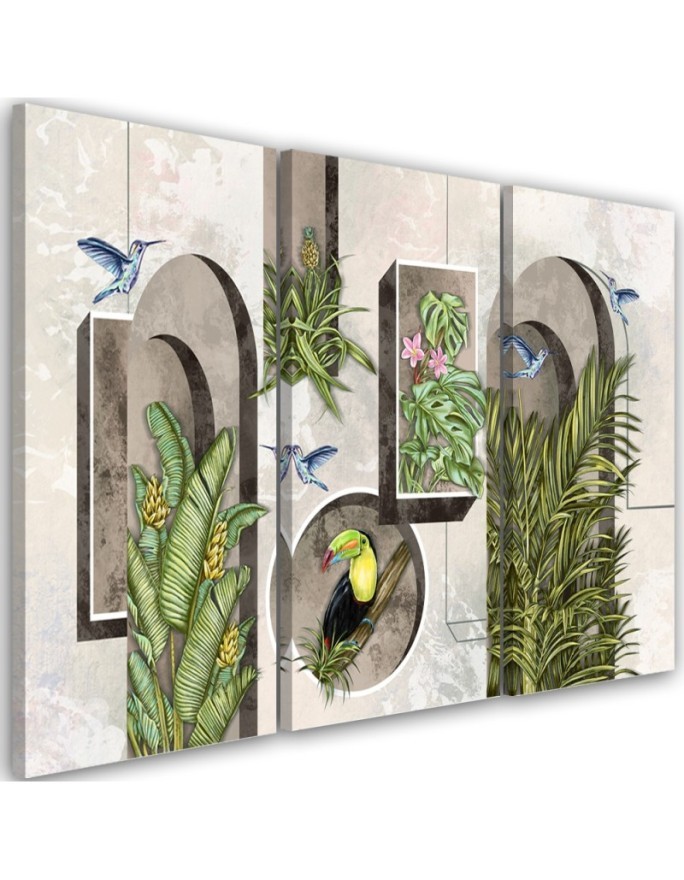 Triptych - Shapes in the wall with plants and birds toucan hummingbird | FEEBY