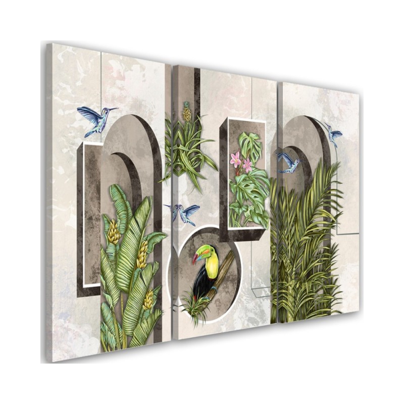 Triptych - Shapes in the wall with plants and birds toucan hummingbird | FEEBY