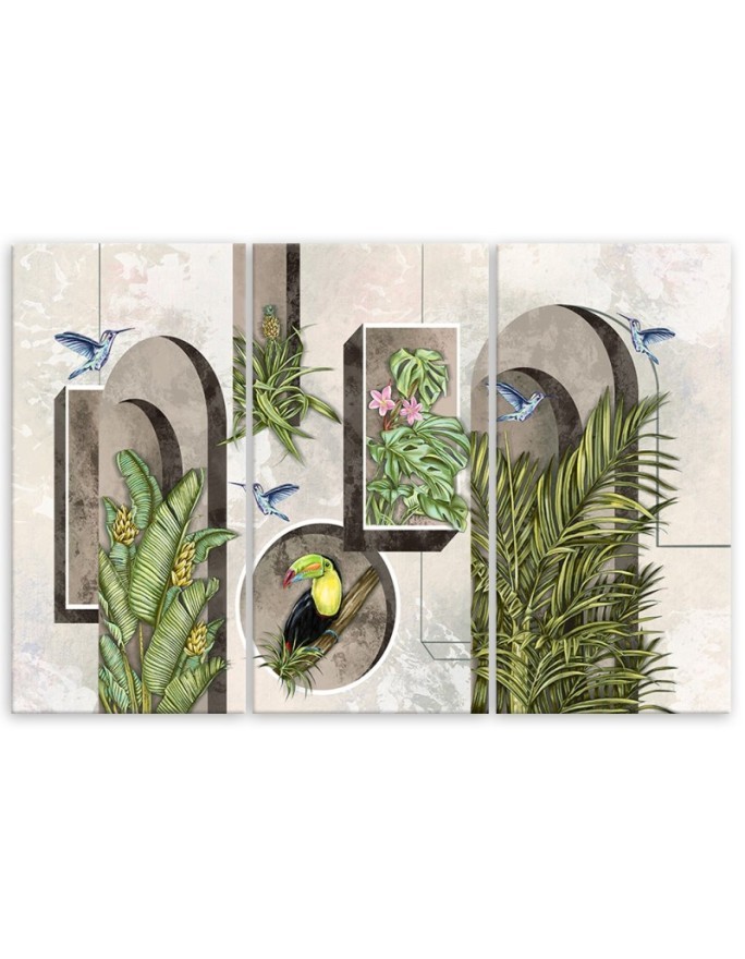 Triptych - Shapes in the wall with plants and birds toucan hummingbird | FEEBY