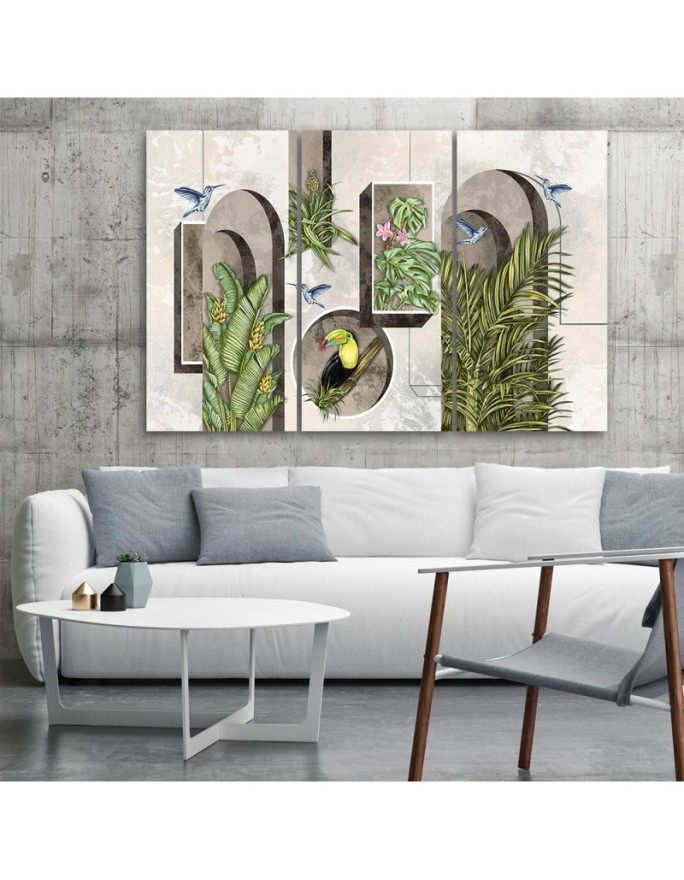 Triptych - Shapes in the wall with plants and birds toucan hummingbird | FEEBY