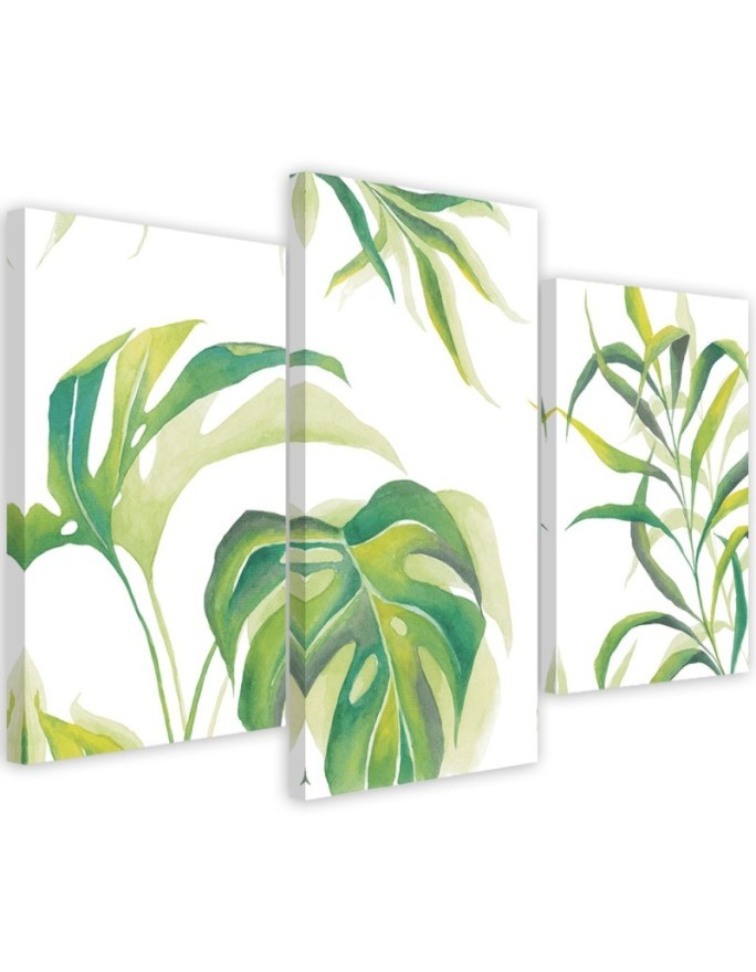 Triptych painting for living room - Monstera leaves | FEEBY
