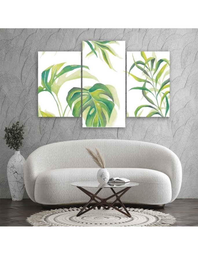 Triptych painting for living room - Monstera leaves | FEEBY