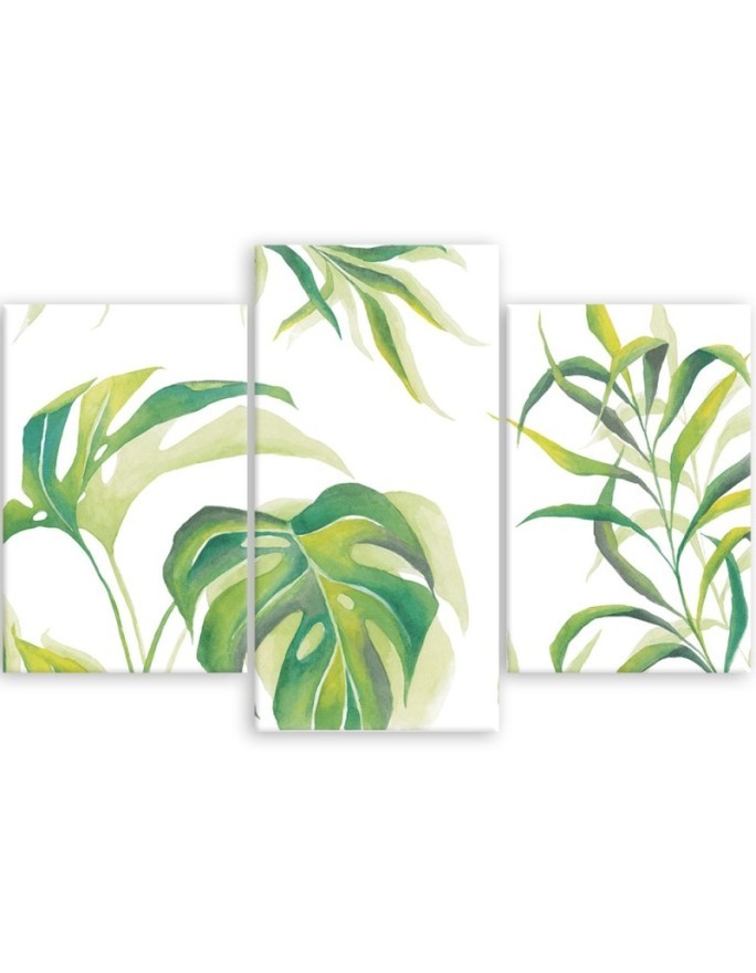 Triptych painting for living room - Monstera leaves | FEEBY