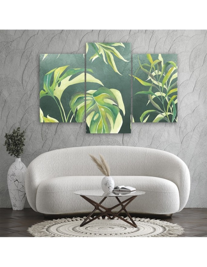 Triptych painting for living room modern - Monstera leaves | FEEBY