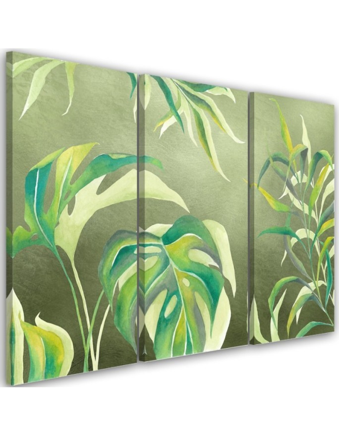 Wall painting for living room 3-part - Monstera leaves | FEEBY