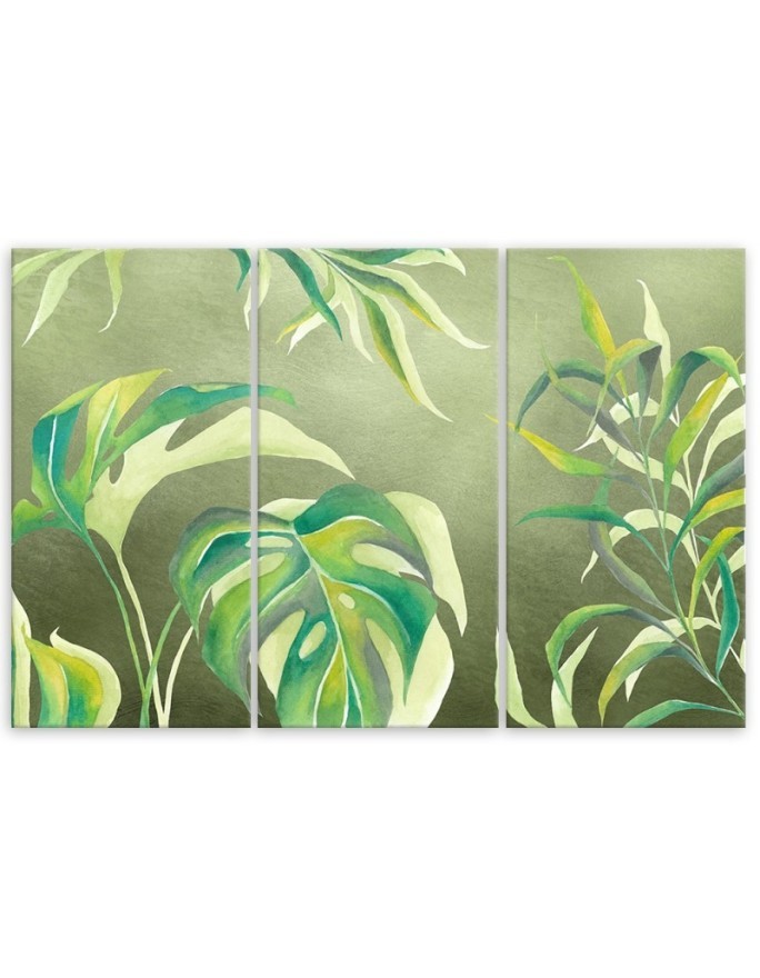 Wall painting for living room 3-part - Monstera leaves | FEEBY