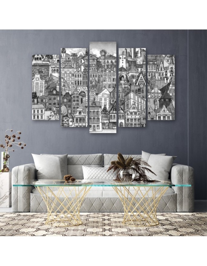 Children's wall painting 5 parts - B&W city | FEEBY