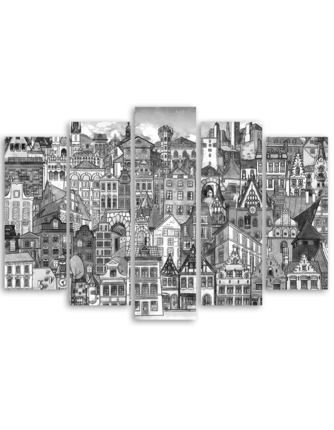 Children's wall painting 5 parts - B&W city | FEEBY