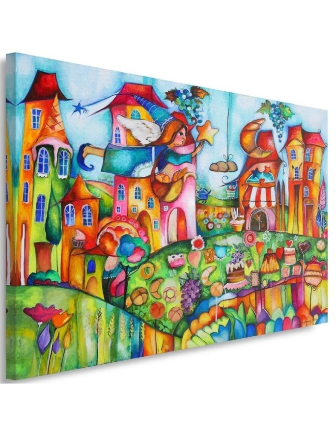 Canvas prints for a child's room - Fairy in a colourful town | FEEBY