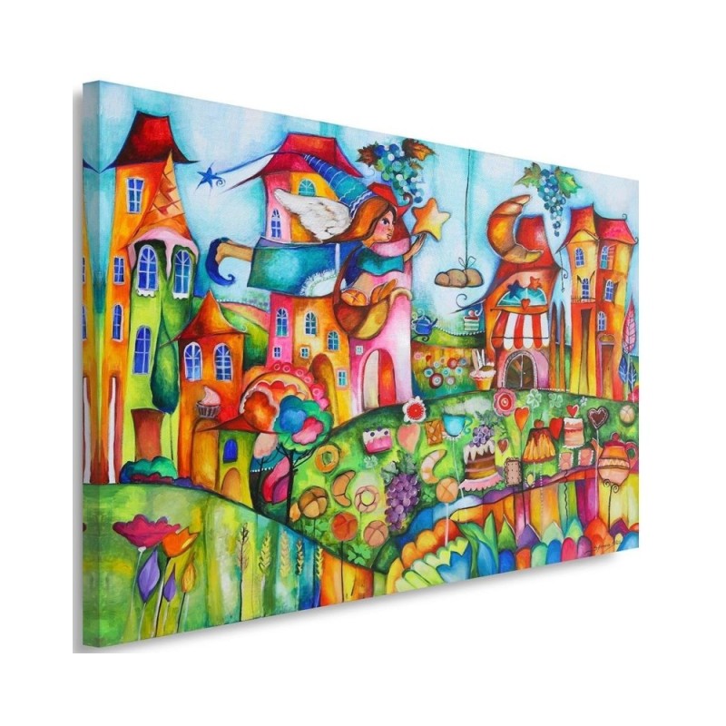Canvas prints for a child's room - Fairy in a colourful town | FEEBY