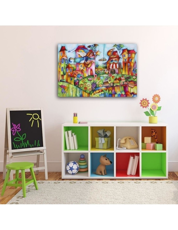 Canvas prints for a child's room - Fairy in a colourful town | FEEBY