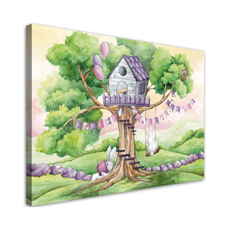 Children's pictures on Canvas  - White rabbits tree house | FEEBY