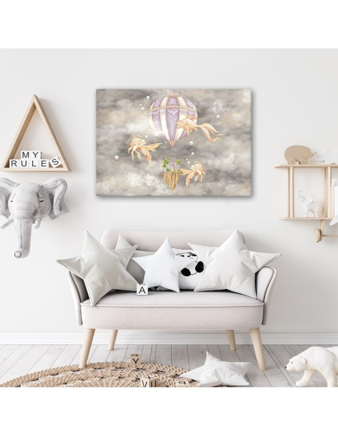 Canvas prints for children - Hot air balloon flying house and fish | FEEBY