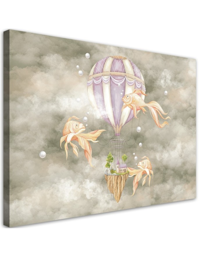 Canvas prints for children - Hot air balloon flying house and fish | FEEBY