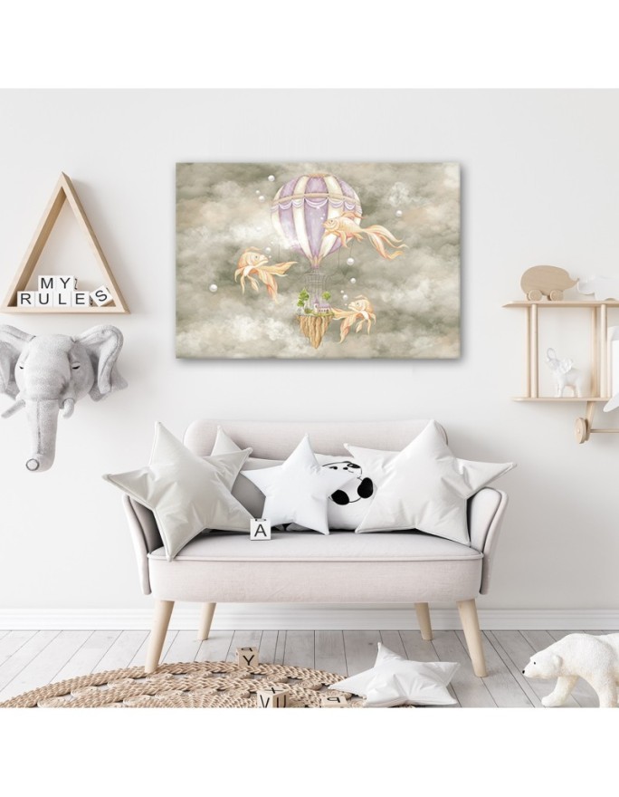 Canvas prints for children - Hot air balloon flying house and fish | FEEBY