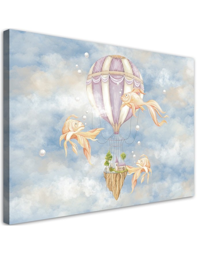 Canvas prints for children - Hot air balloon flying house and fish | FEEBY