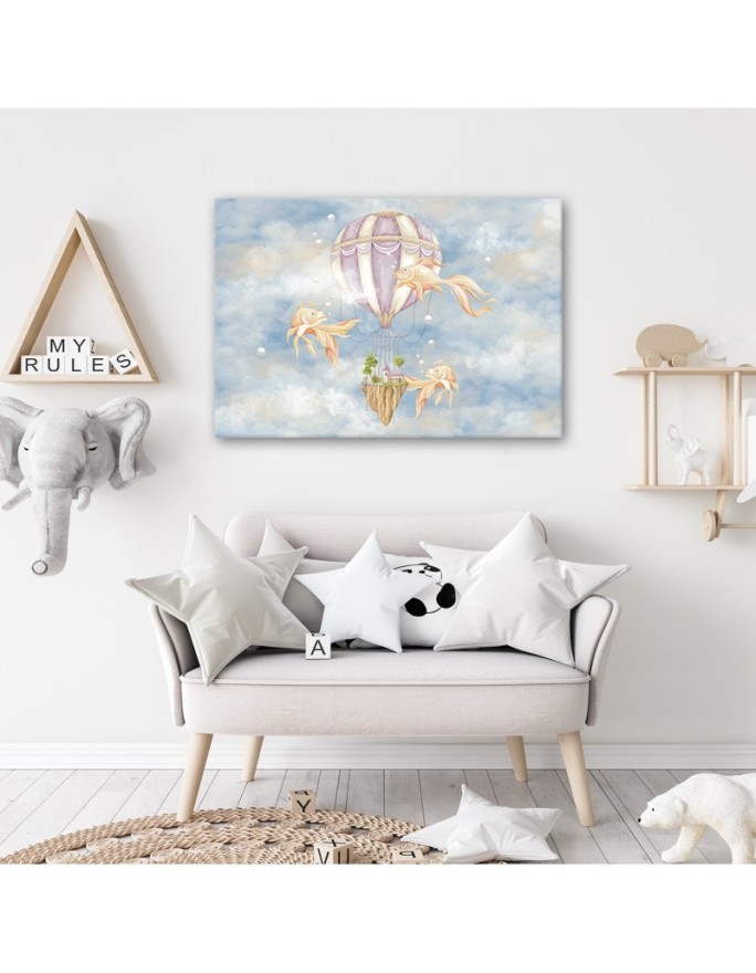 Canvas prints for children - Hot air balloon flying house and fish | FEEBY