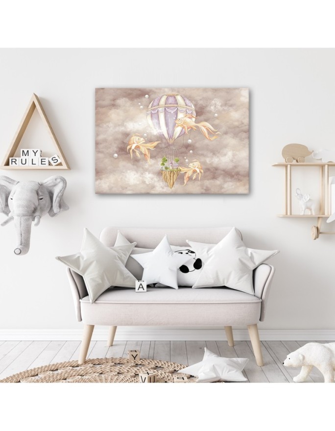 Canvas prints for children - Hot air balloon flying house and fish | FEEBY
