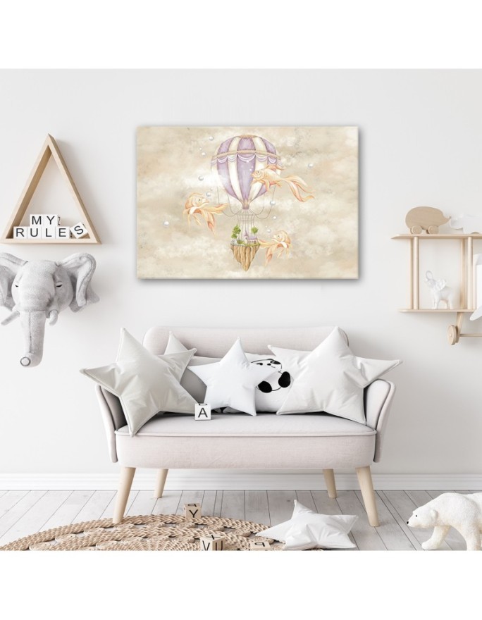 Canvas prints for children - Hot air balloon flying house and fish | FEEBY