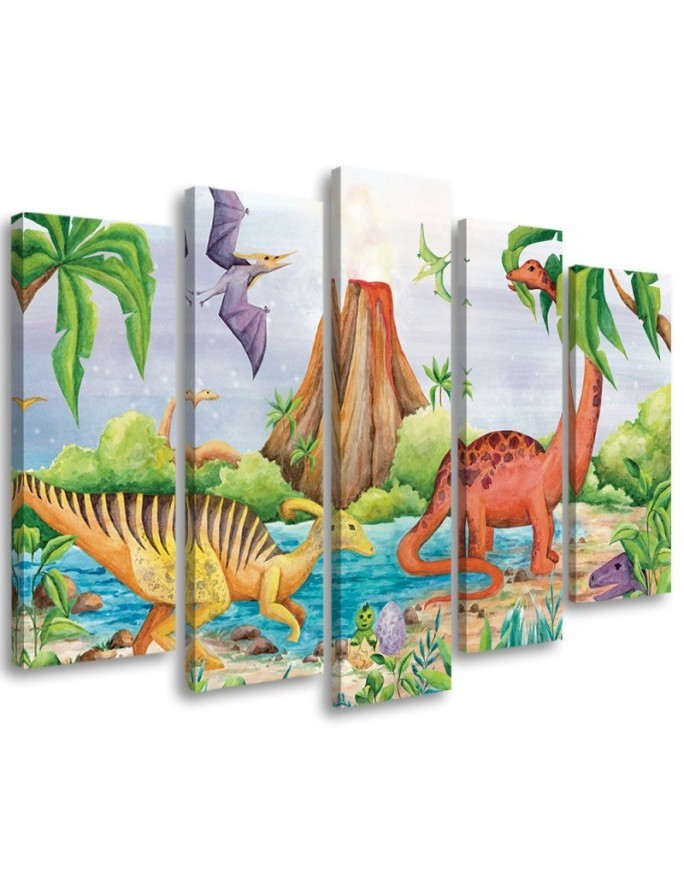 Canvas print for children's room five-piece - Dinosaurs at the lake | FEEBY
