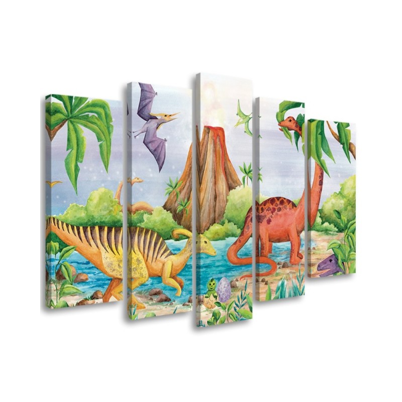 Canvas print for children's room five-piece - Dinosaurs at the lake | FEEBY