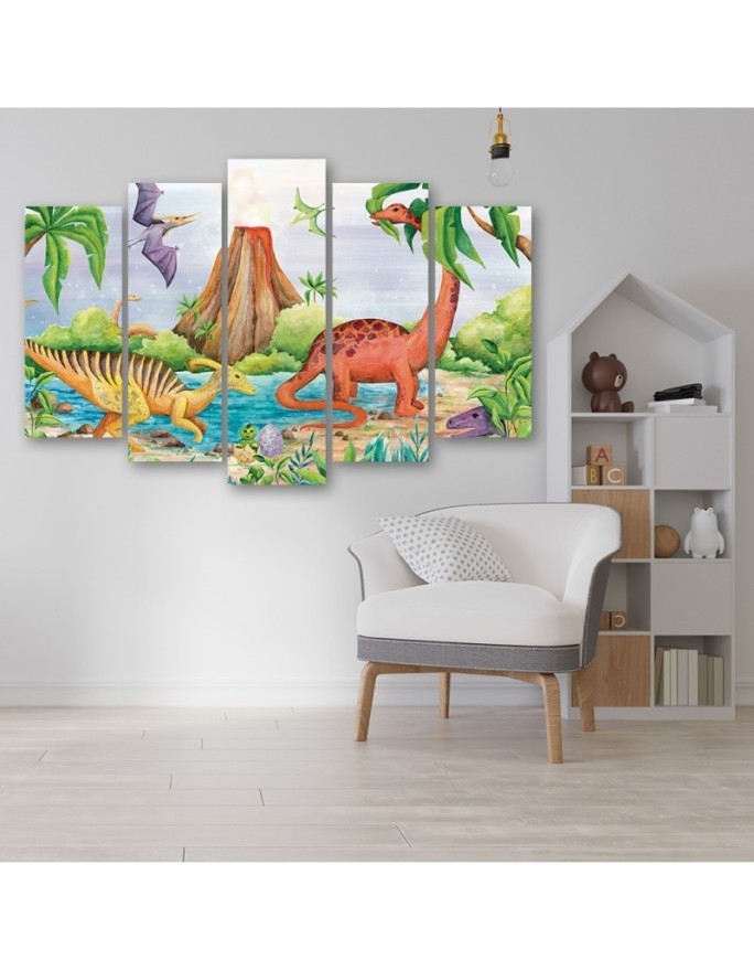 Canvas print for children's room five-piece - Dinosaurs at the lake | FEEBY