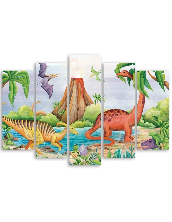Canvas print for children's room five-piece - Dinosaurs at the lake | FEEBY