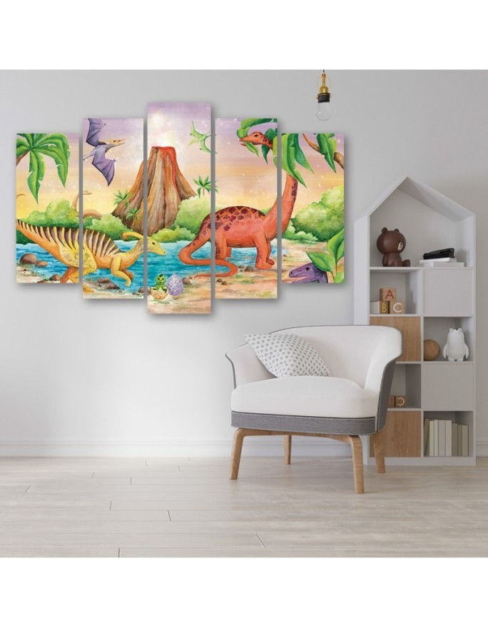 Children's room painting five-part - Dinosaurs by the lake | FEEBY