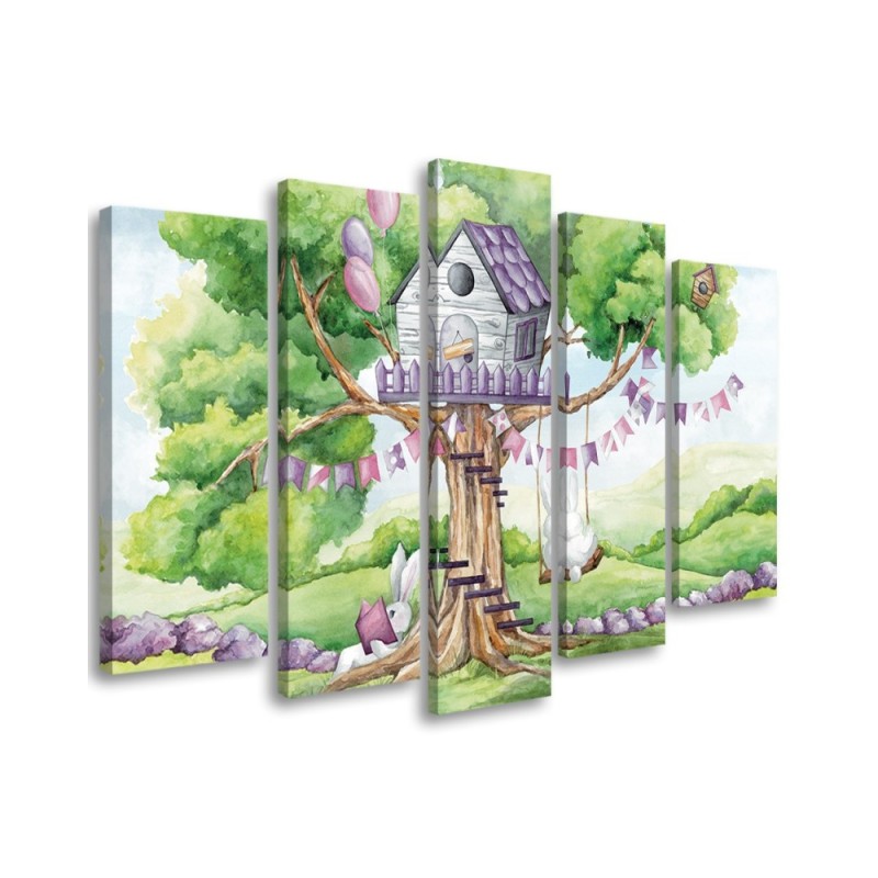 Children's painting five-part - White rabbits tree hut | FEEBY