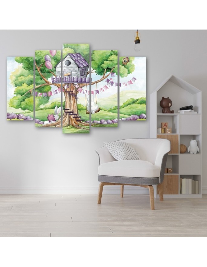 Children's painting five-part - White rabbits tree hut | FEEBY