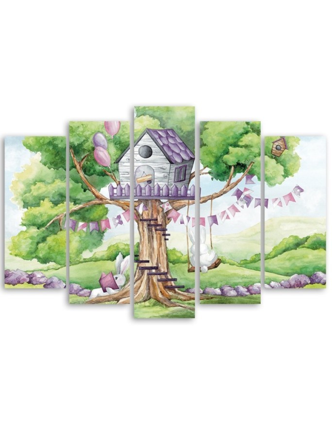 Children's painting five-part - White rabbits tree hut | FEEBY