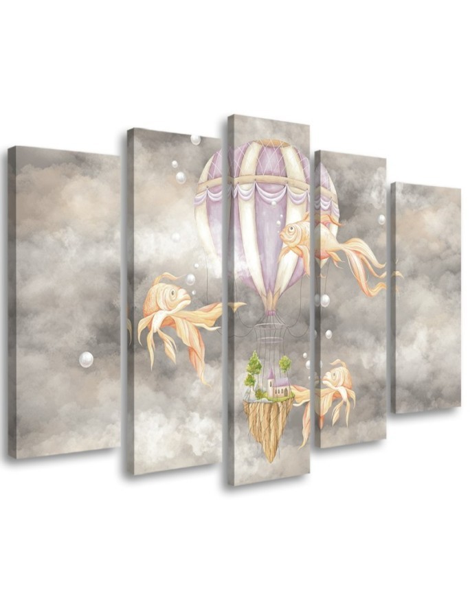 Canvas prints for children 5 parts - Hot air balloon flying house and fish | FEEBY