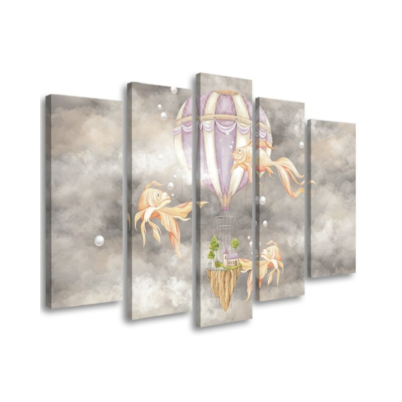 Canvas prints for children 5 parts - Hot air balloon flying house and fish | FEEBY