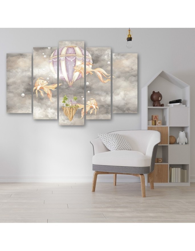 Canvas prints for children 5 parts - Hot air balloon flying house and fish | FEEBY