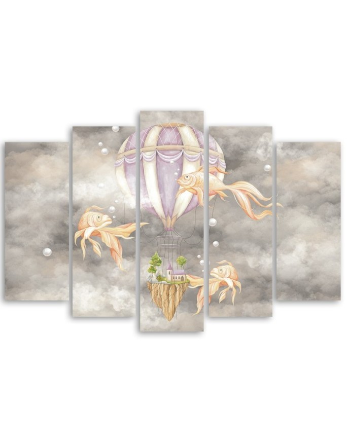 Canvas prints for children 5 parts - Hot air balloon flying house and fish | FEEBY