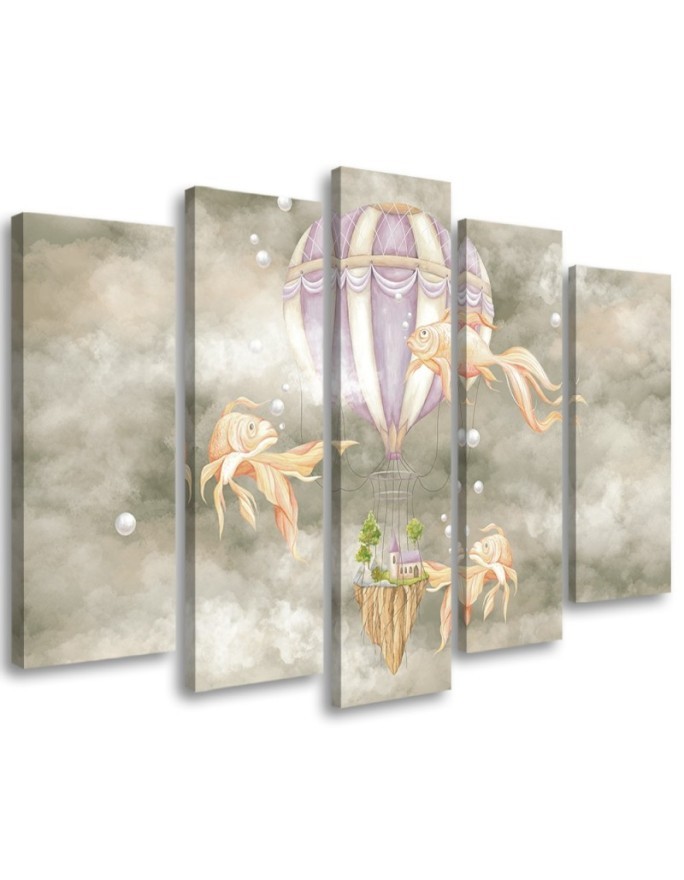 Canvas prints for children 5 parts - Hot air balloon flying house and fish | FEEBY