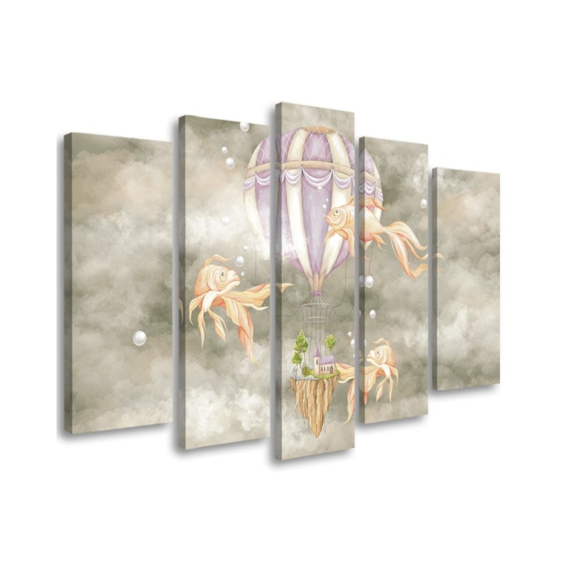 Canvas prints for children 5 parts - Hot air balloon flying house and fish | FEEBY