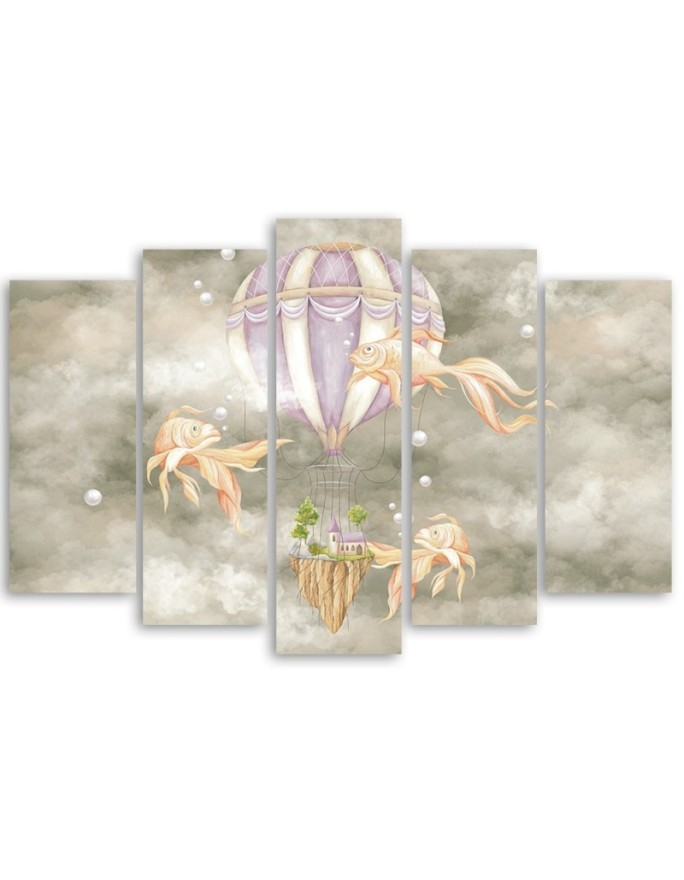 Canvas prints for children 5 parts - Hot air balloon flying house and fish | FEEBY